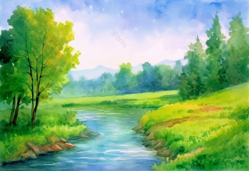 一个普通的夏天森林中绿色的树木草地和河流小溪手绘插画,插画/手绘图,插画/手绘图库,插画/手绘图下载,插画/手绘